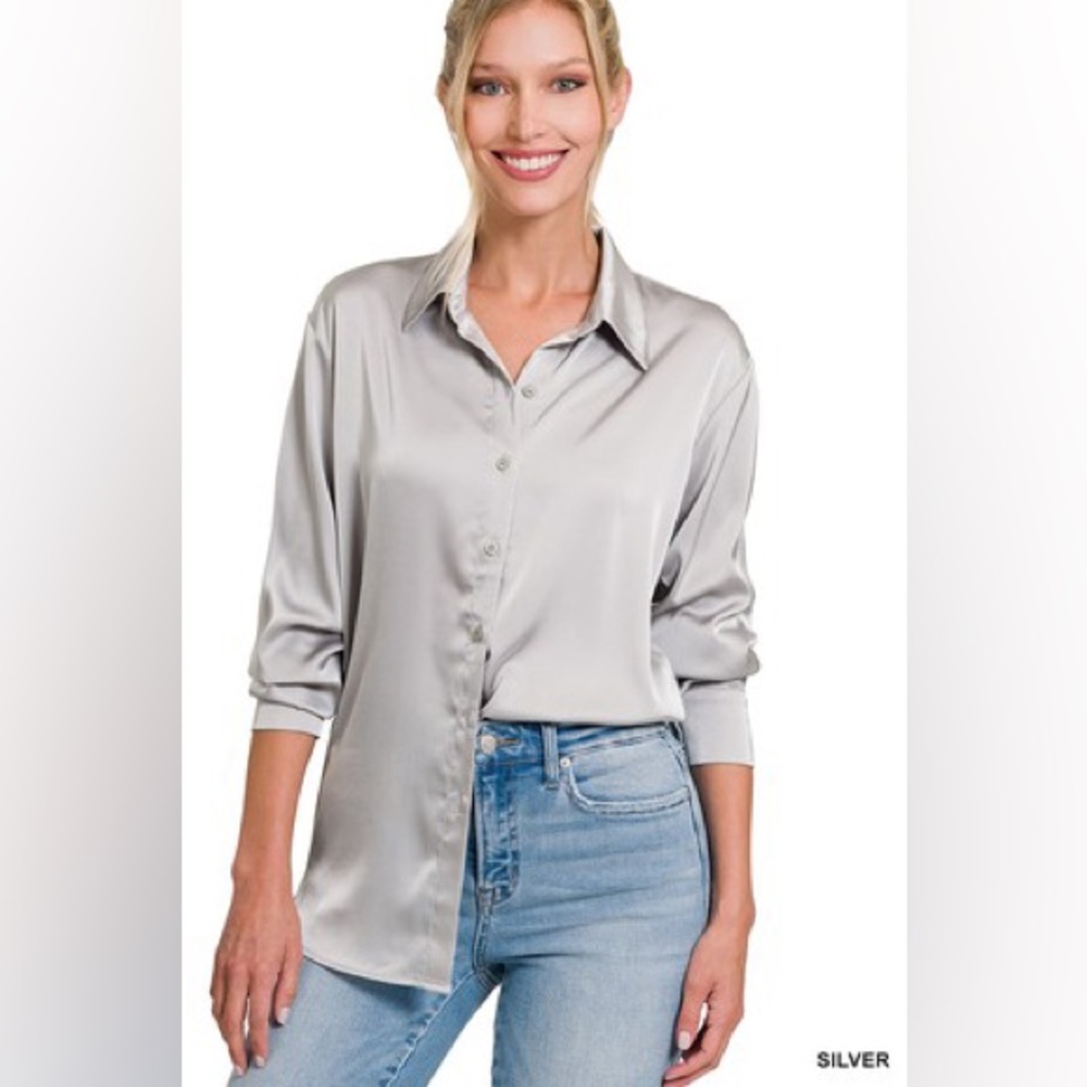 Satin Charmeuse Button Front Shirt- Silver